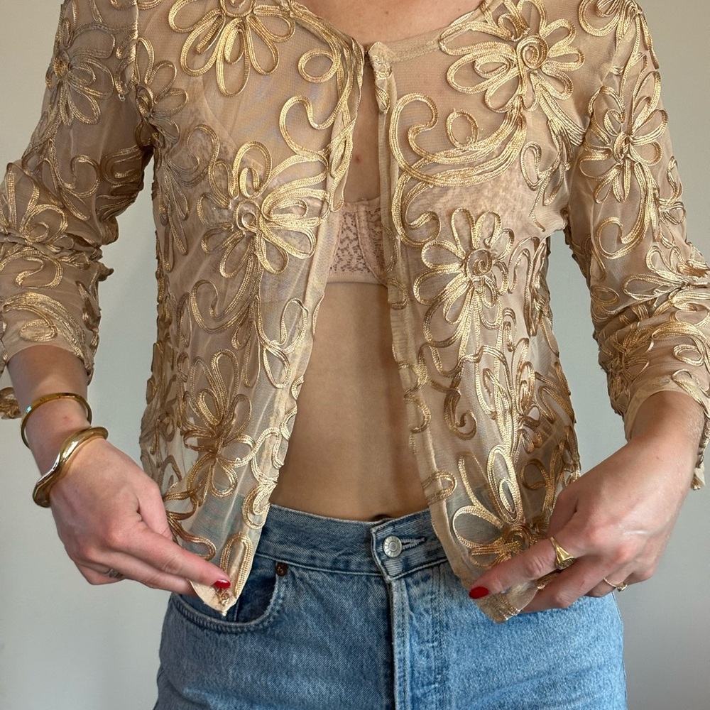 Nina Leonard Gold Embroidered Sheer Floral Jacket